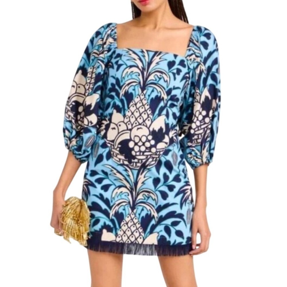 Cara Cara‎ Montauk Dress Womens M Fruit Basket Pineapple Puff Sleeve Fringe Mini